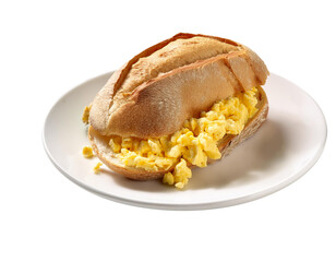 pao com ovo french bread with scramble eggs in a white plate isolated