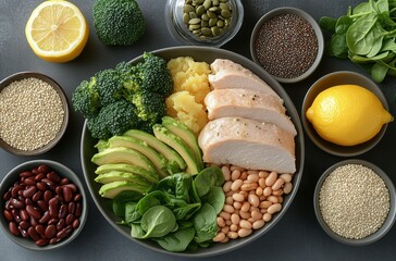 Healthy meal preparation with fresh ingredients in a bowl on a dark surface