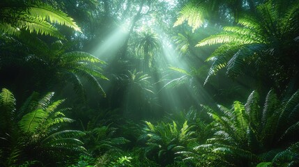 Sunbeams Illuminate Lush Tropical Rainforest Canopy