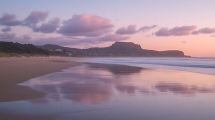 Fototapeta premium A tranquil beach at dawn with soft waves gently lapping the shore and the sky painted in shades of pink and purple 