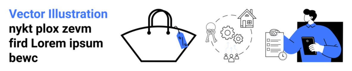 Handbag with a tag, gear with network connections, house icon, person holding a checklist on a tablet. Ideal for business, e-commerce, productivity, planning, logistics teamwork flat landing page