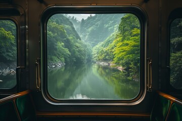Train window framing a beautiful view of a calm river surrounded by lush green trees and vegetation in japan