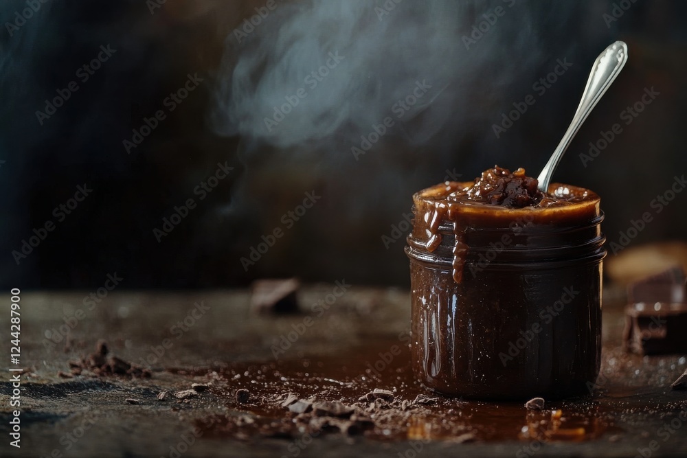 Poster homemade chocolate sauce in a jar with a spoon on a rustic wooden table