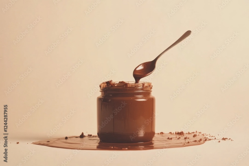 Poster Rich chocolate spread overflowing from a glass jar with a spoon resting inside