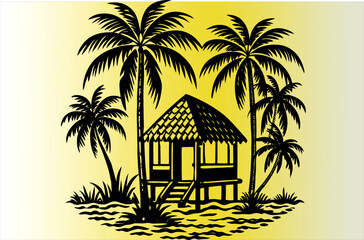 illustration of traditional house beside beach coconut tree landscape