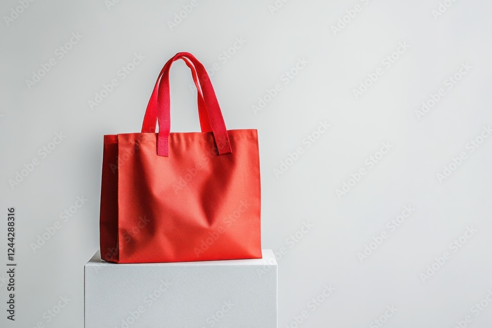 Poster bright red tote bag stands on a minimalist pedestal in neutral setting with soft light