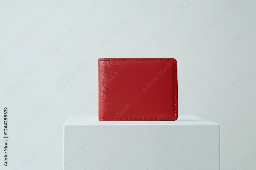 Poster Red wallet displayed on a minimalist pedestal against a light background in a well-lit interior setting