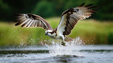 Obraz premium Osprey in Action: Majestic Bird of Prey Hunting for Trout on a Serene Scottish Loch
