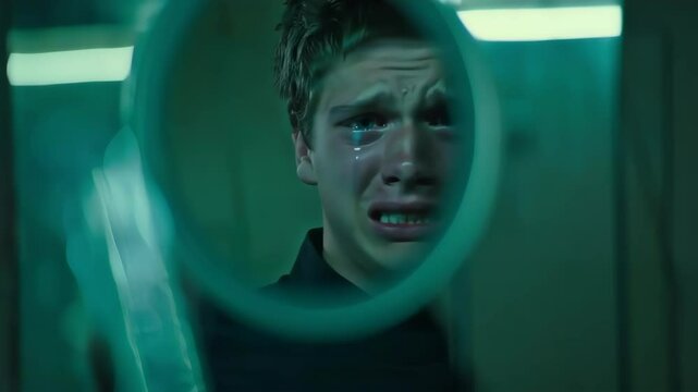 Desperate Young Man Crying Behind Glass, Tears Streaming Down Face, Mental Health