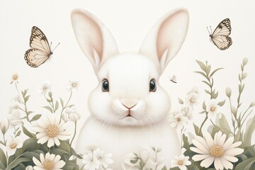 Obraz premium Cute bunny with easter eggs in flowery meadow. Happy easter background, banner, card template with copy space! 