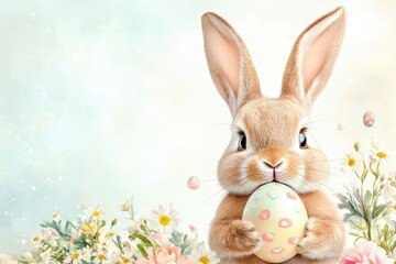 Fototapeta premium Cute bunny with easter eggs in flowery meadow. Happy easter background, banner, card template with copy space! 