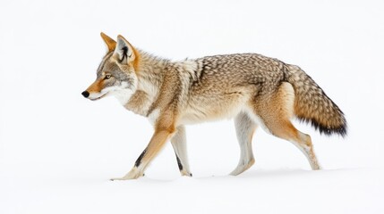 Naklejka premium Lone Coyote Strolling Through Winter Snow: A Symbol of Wildlife in Canada's Serene White Landscape