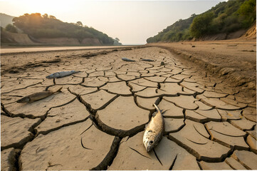 Climate Change Impact ,A dried-up riverbed with cracked earth and a dead fish, highlighting the effects of drought and environmental degradation.