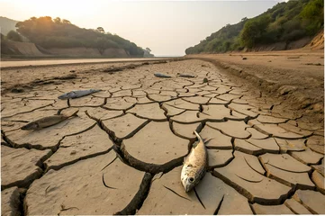 Fototapete Climate Change Impact ,A dried-up riverbed with cracked earth and a dead fish, highlighting the effects of drought and environmental degradation. © Butsarakham