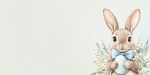 Obraz premium Cute bunny with easter eggs in flowery meadow. Happy easter background, banner, card template with copy space! 