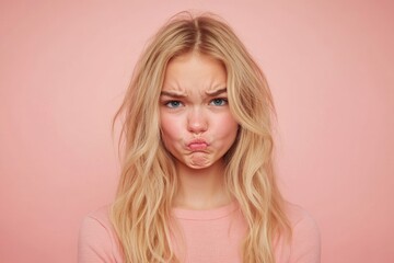 Fototapeta premium Unimpressed Expression: Portrait of a Young Beautiful Blonde Girl Grimacing with Nose Wrinkles on a Vibrant Pink Background