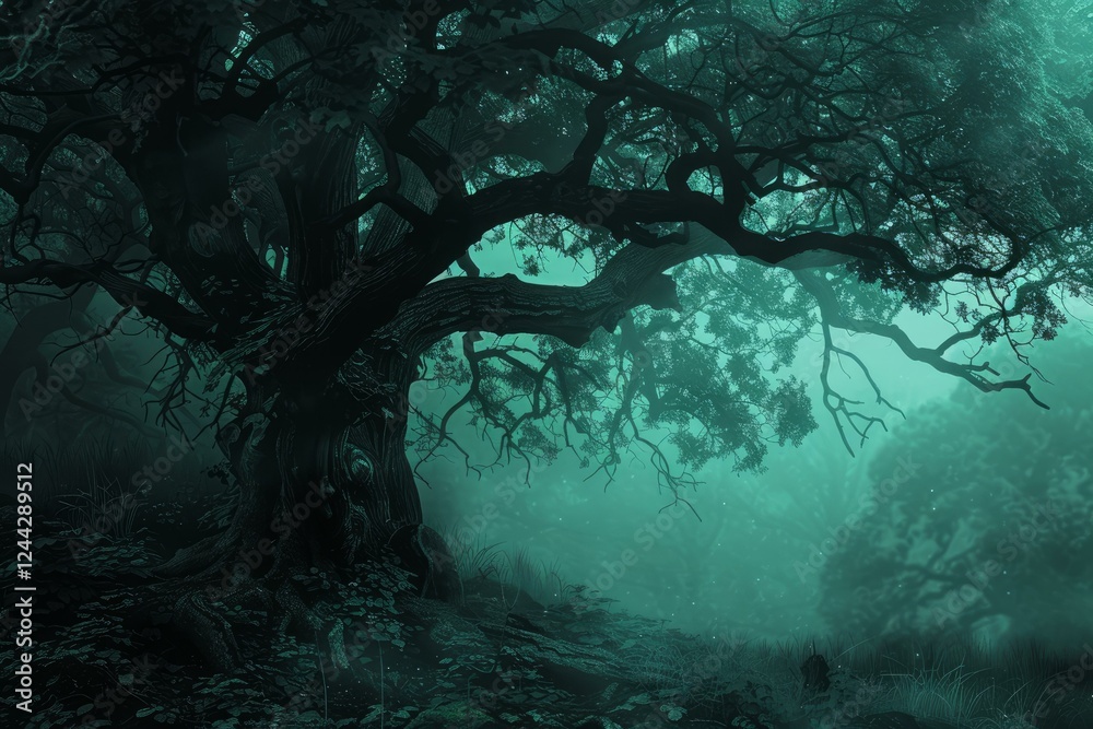 Poster spooky foggy forest with gnarled tree branches creating a mysterious and eerie atmosphere