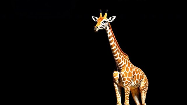 Giraffe Silhouette: A majestic giraffe stands silhouetted against a dramatic black background, its distinctive pattern and elegant form highlighted in stark contrast.