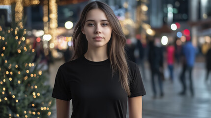 Fototapeta premium Realistic Mockup of a Girl Wearing a Black Gildan 5000 T-Shirt
