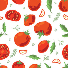 Seamless pattern of ripe tomatoes. Vegetables. Red tomatoes. Juicy Harvest. Healthy food. Vector illustration.