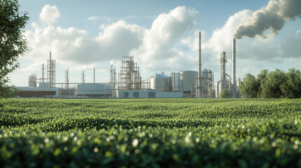 Obraz premium Industrial complex with smokestacks and storage tanks amid a green landscape.
