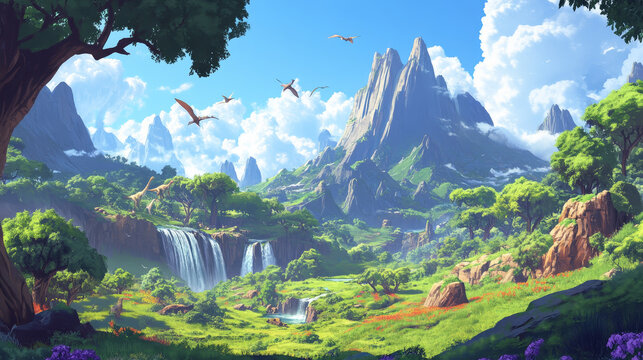 Fototapeta Paper cut prehistoric dinosaur silhouette with landscape and dino roam amidst verdant foliage, waterfalls and mountains. Sarcosuchus, quaesitosaurus, apatosaurus and polacanthus in natural environment