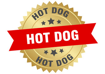 hot dog. hot dog round red and gold label isolated on transparent background