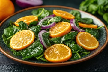 Fresh spinach salad with orange slices and red onion served in a bowl