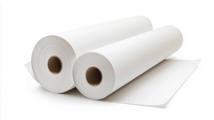 Fototapeta premium Two rolls of white paper with one unrolled sheet on a clean background for printing and crafting projects