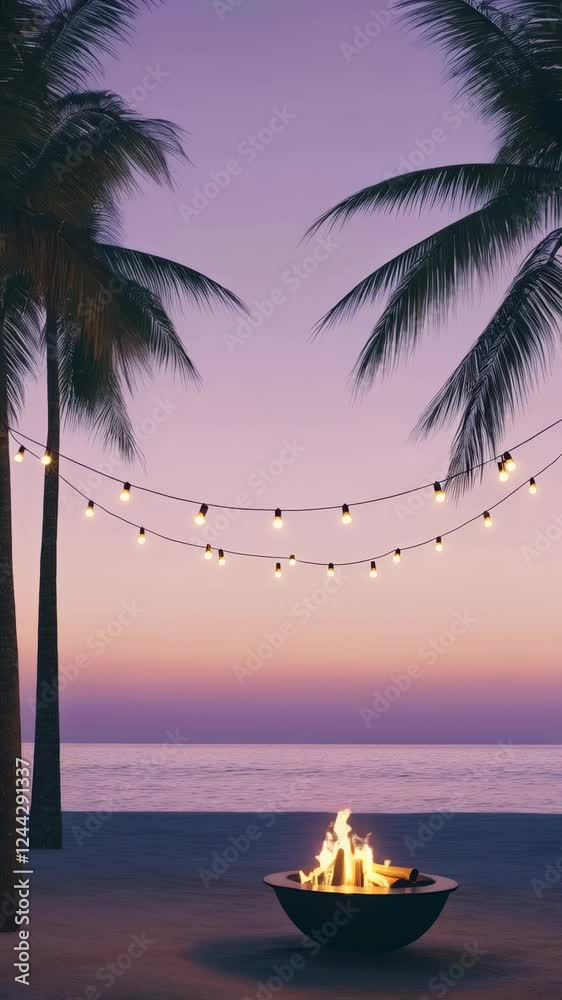 Poster serene beachfront landscape featuring gentle waves lapping near swaying palm trees, embracing golden