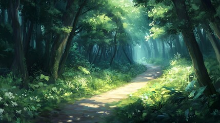 A tranquil forest trail with sunlight filtering through the canopy and the sound of rustling leaves