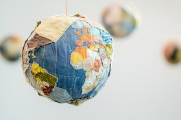 Minimalistic patchwork planet Earth made of recycled fabrics, symbolizing sustainability and upcycling concepts