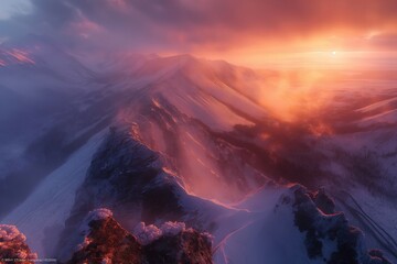 A stunning mountain range under a setting sun, casting a warm glow over the landscape, with dramatic clouds in the sky a mountain range with a sun setting behind it