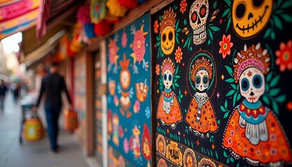 Fototapeta premium Vibrant Day of the Dead Folk Art: Colorful Calaveras and Floral Motifs
