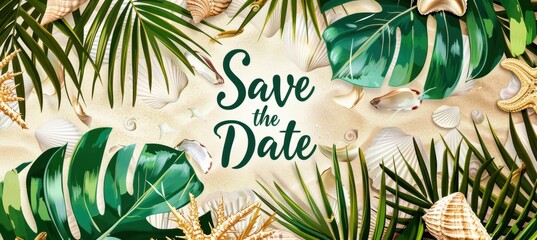 Tropical Save the Date Card with Palm Leaves and Seashells for Beach Wedding Design