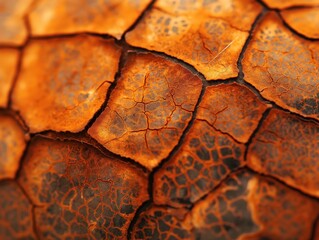 Detailed macro photograph of a rusted metal surface with intricate patterns in orange and brown...