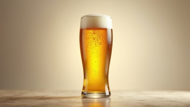Un vaso de cerveza espumosa sobre una mesa, con un fondo difuminado, ideal para disfrutar en cualquier ocasi&oacute;n.