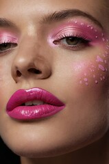 Naklejka premium Vibrant makeup artistry featuring bold pink hues and creative designs on a model's face in a studio setting