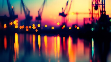 Fototapeta premium Colorful sunset over a busy harbor with crane and reflections on the water, creating a vibrant scene
