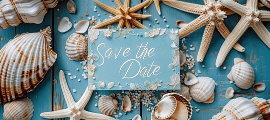Summer Wedding Save the Date Cards with Seashell and Starfish Beach Theme Design