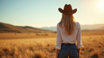 A cowgirl stands in a vast, sunlit field, gazing at the distant hills, creating a serene and picturesque cowgirl wallpaper.