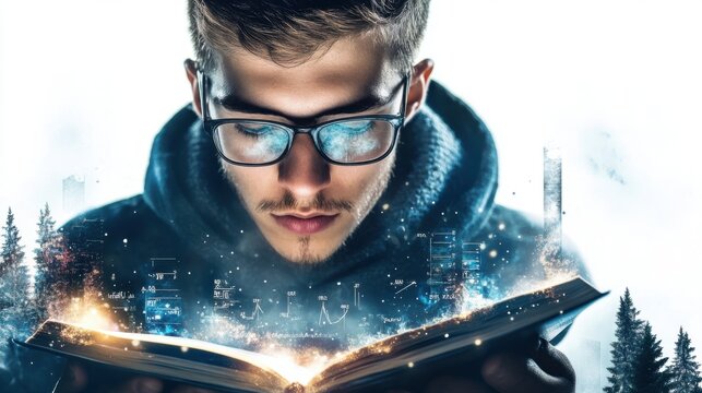 Man reading book with cityscape imagery urban setting digital art mystical environment