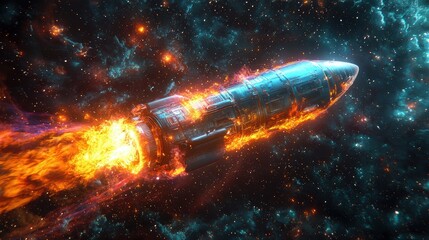 Fototapeta premium A rocket launching through space, surrounded by colorful cosmic elements.