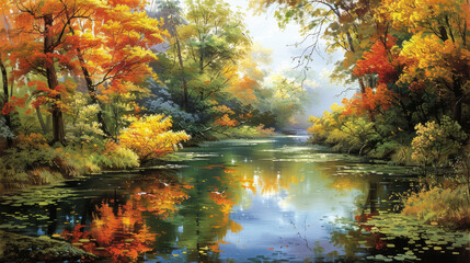 Serene Autumn Landscape with Reflective River and Vibrant Foliage for Tranquil Designs