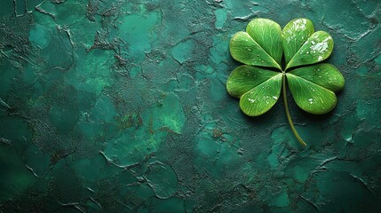 A vibrant green background featuring a large four-leaf clover, symbolizing luck and nature.