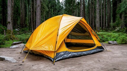 Yellow tent in forest campsite, nature background, outdoor adventure
