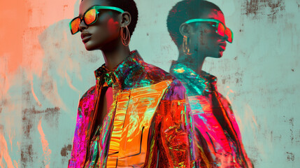 Fototapeta premium Retro-futuristic fashion showcasing a model in cyberpunk-inspired