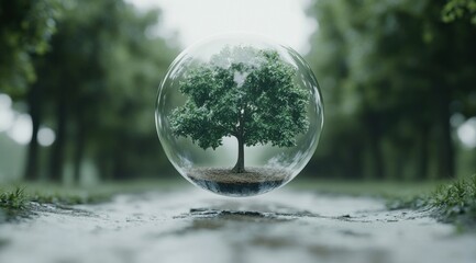 Encapsulated Nature: A Tree in a Glass Sphere Amidst a Forest Path
