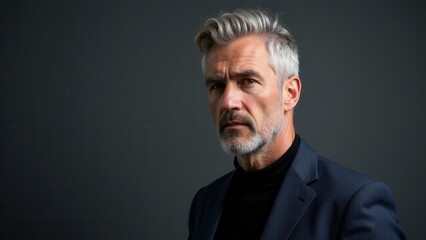 Obraz premium A senior man with stylish gray hair wearing a dark suit and black turtleneck, showcasing a modern haircut for senior men.