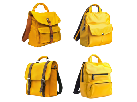 Yellow school bag isolated on transparent background.